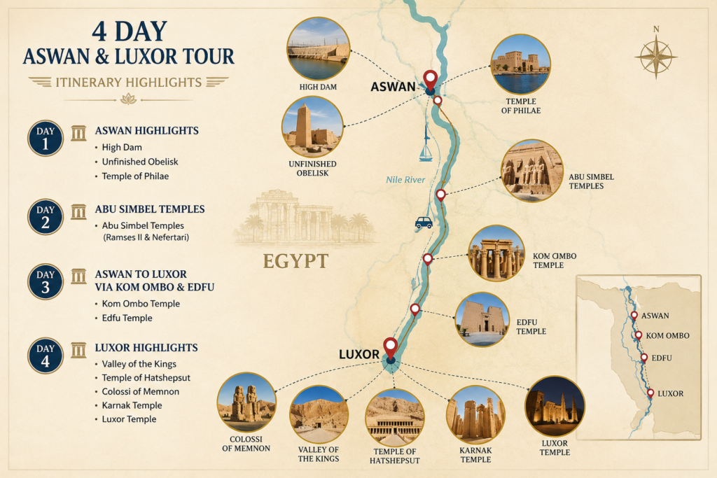 4 Day Aswan and Luxor Tour – Best Egypt Adventure Experience the wonders of Upper Egypt on our 4 Day Aswan and Luxor Tour, a private journey designed to connect Aswan, Abu Simbel, Kom Ombo, Edfu, and Luxor in one unforgettable itinerary. Travel comfortably in a modern air-conditioned vehicle with a qualified Egyptologist guide while discovering some of Egypt’s most extraordinary ancient monuments. From the island Temple of Philae and the colossal temples of Abu Simbel to the Valley of the Kings and Karnak Temple, this private tour introduces you to thousands of years of Egyptian history. Unlike a large group tour, this experience gives you the comfort and flexibility of private transportation and personalized guiding throughout your sightseeing program.